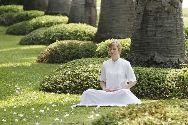 Mindful meditation session in a serene garden setting, calm atmosphere